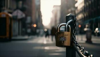 métal cadenas sécurise clôture dans animé paysage urbain généré par ai photo