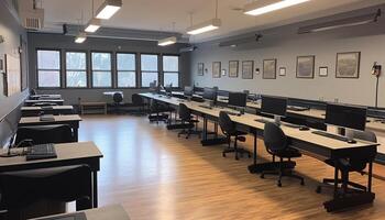 moderne Bureau avec vide chaises et des ordinateurs généré par ai photo