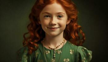 roux enfant souriant avec magnifique frisé cheveux généré par ai photo