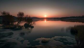 magnifique le coucher du soleil reflète plus de tranquille des eaux, la nature beauté généré par ai photo