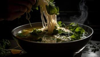 nouille soupe avec porc, bœuf, et des légumes généré par ai photo