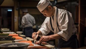 expert Masculin chef artisanat Frais repas à l'intérieur généré par ai photo