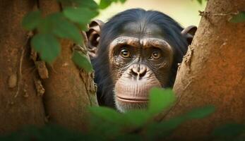 poilu primate dans tropical forêt regarde à caméra généré par ai photo