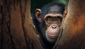 poilu primate regarder à caméra dans forêt généré par ai photo