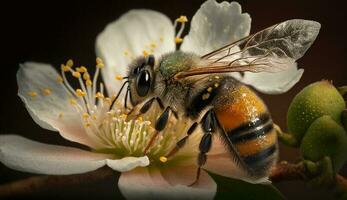 occupé abeille pollinise fleur collecte Jaune pollen généré par ai photo