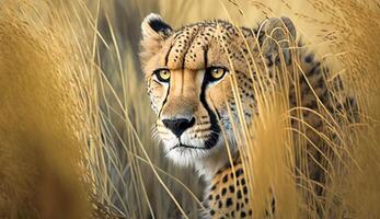 majestueux guépard cache en train de regarder vigilance dans sauvage généré par ai photo