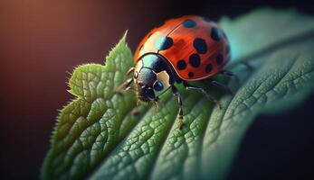 Pointé coccinelle rampe sur brillant bleu fleur généré par ai photo