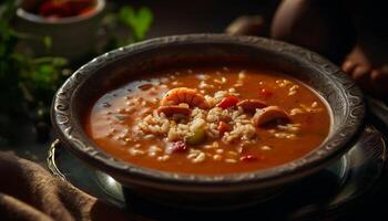 Frais légume soupe dans rustique en bois bol généré par ai photo