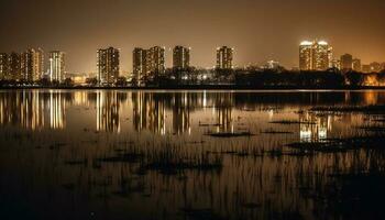 ville horizon reflète dans tranquille front de mer étang généré par ai photo