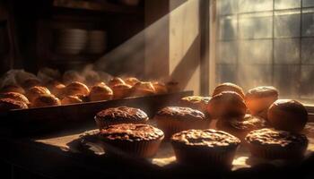 fraîchement cuit muffins et petits gâteaux sur plateau généré par ai photo