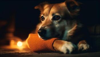 mignonne de race chiot séance, à la recherche à caméra généré par ai photo