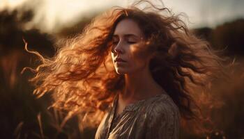 Jeune femme jouit la nature beauté dans été généré par ai photo