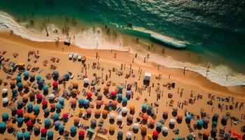 bondé plage station balnéaire, amusement dans le Soleil généré par ai photo