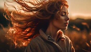 Jeune femme jouit insouciant coucher de soleil, souriant Heureusement généré par ai photo