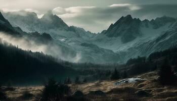 majestueux Montagne culminer, masqué dans brumeux brouillard généré par ai photo