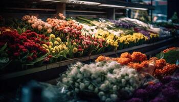 variété de coloré tulipes pour vente en plein air généré par ai photo