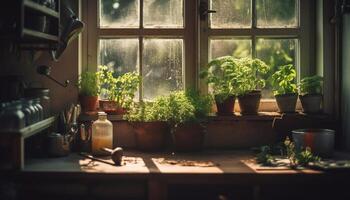 vert les plantes apporter fraîcheur à rustique cuisine généré par ai photo