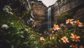 majestueux Montagne intervalle avec tranquille écoulement l'eau généré par ai photo