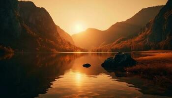 majestueux Montagne de pointe silhouette, le coucher du soleil reflète tranquillité généré par ai photo