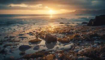 le coucher du soleil sur tranquille des eaux, horizon de beauté généré par ai photo