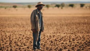 mature ferme ouvrier récolte blé avec confiance généré par ai photo