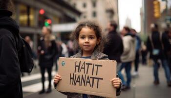 souriant enfant détient message contre la pauvreté manifestation généré par ai photo