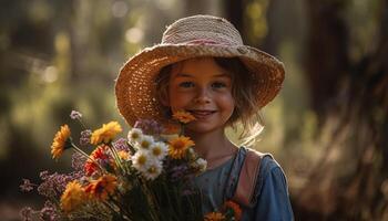 Candide portrait de de bonne humeur fille profiter la nature généré par ai photo