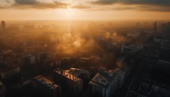 le coucher du soleil illumine moderne ville horizon de haute en haut généré par ai photo