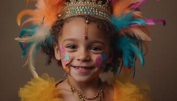 souriant fille dans coloré costume spectacles confiance généré par ai photo