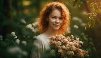 un femme souriant, profiter la nature beauté généré par ai photo