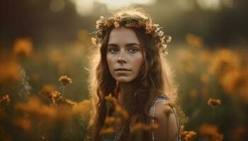 Jeune femme dans prairie, profiter la nature beauté généré par ai photo