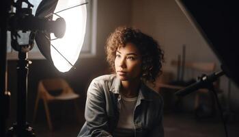 frisé aux cheveux femme séance, fonctionnement, en portant sans fil La technologie généré par ai photo