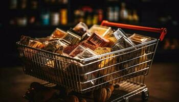 Frais nourriture empiler dans panier à supermarché généré par ai photo
