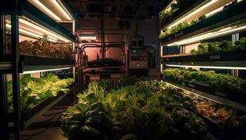 Frais biologique des légumes dans moderne ville supermarché étagères généré par ai photo