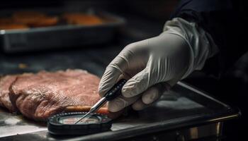 caucasien chef grillage steak à l'intérieur avec flamme généré par ai photo