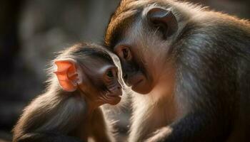Jeune macaque et mère séance dans forêt généré par ai photo