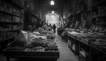 intérieur marché vendeurs vente Frais Fruit de mer dans animé ville des rues généré par ai photo