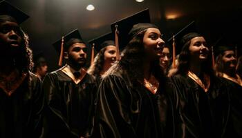 Jeune adultes célébrer Succès avec diplômes à l'obtention du diplôme la cérémonie généré par ai photo