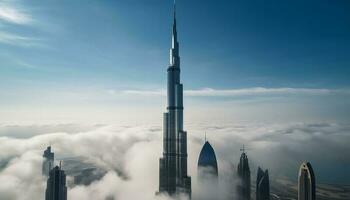futuriste gratte-ciel dans Dubai financier district, illuminé par lumière du soleil généré par ai photo
