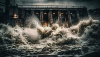 hydro-électrique Puissance station génère électricité de écoulement eau, alimenter industrie généré par ai photo
