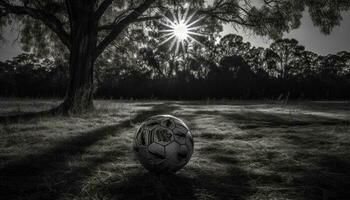 silhouette de football Balle dans coucher de soleil, en jouant sur herbe champ généré par ai photo