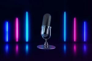 microphone sur abstrait néon Contexte avec coloré poutres de lumière avec brillant laser. podcast, en direct, streaming, créateur contenu. photo