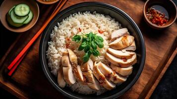 Haut vue de à la vapeur poulet riz. asiatique nourriture concept. ai génératif photo