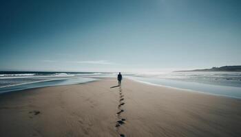 un la personne le jogging sur le éloigné littoral à crépuscule généré par ai photo
