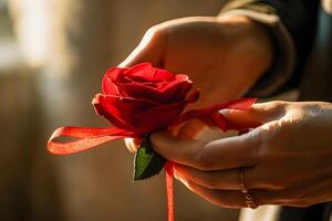 romantique geste soumissionner mains saisir une rouge rose, l'amour Remarque sécurisé avec rouge ruban génératif ai photo