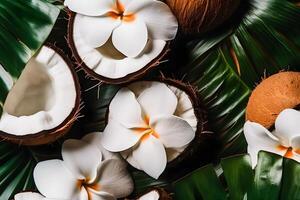 noix de coco tranches avec feuilles et fleurs pour été esthétique génératif ai photo