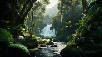 magnifique forêt avec cascade pour Contexte et fond d'écran, génératif ai photo