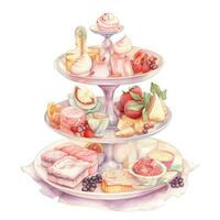 aquarelle La peinture de dessert nourriture échelonné plateau pour une thé faire la fête. photo