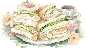 herbe nourriture aquarelle La peinture de sandwich comestible assiette avec fleur et thé tasse pour fête concept. photo