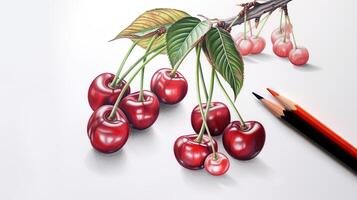 3d art image de réaliste dessin cerises branche avec crayon illustration. génératif ai. photo